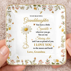 To My Beautiful Granddaughter Shining Star Love Message Flowers - Personalized Custom Jewelry Dish, Ceramic Dish, Square Shape - GDT187_SCRF