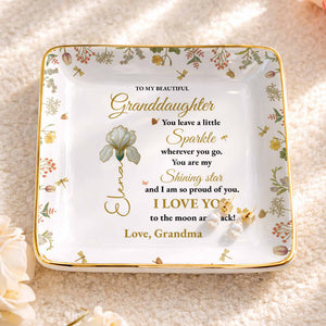 To My Beautiful Granddaughter Shining Star Love Message Flowers - Personalized Custom Jewelry Dish, Ceramic Dish, Square Shape - GDT187_SCRF