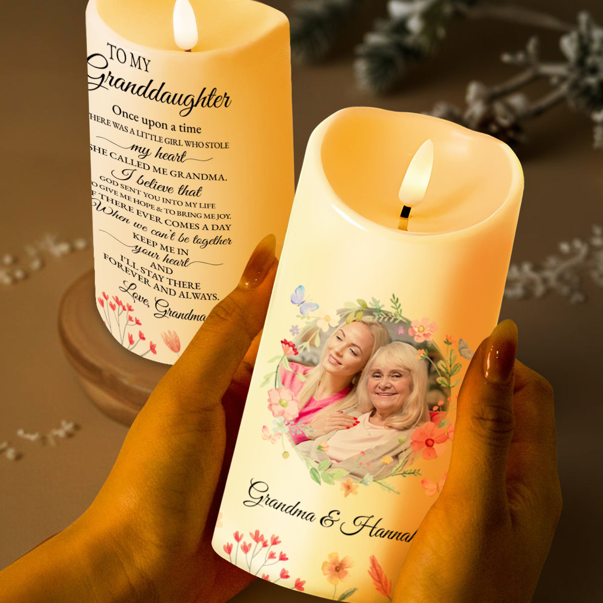 Love Message To Granddaughter Surrounding Flowers - Personalized Custom LED Candle - GDT193_LECA