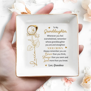 Braver Stronger Loved Granddaughter Crown and Flowers Design - Personalized Custom Jewelry Dish, Square Ceramic Dish - GDT235_SCRD