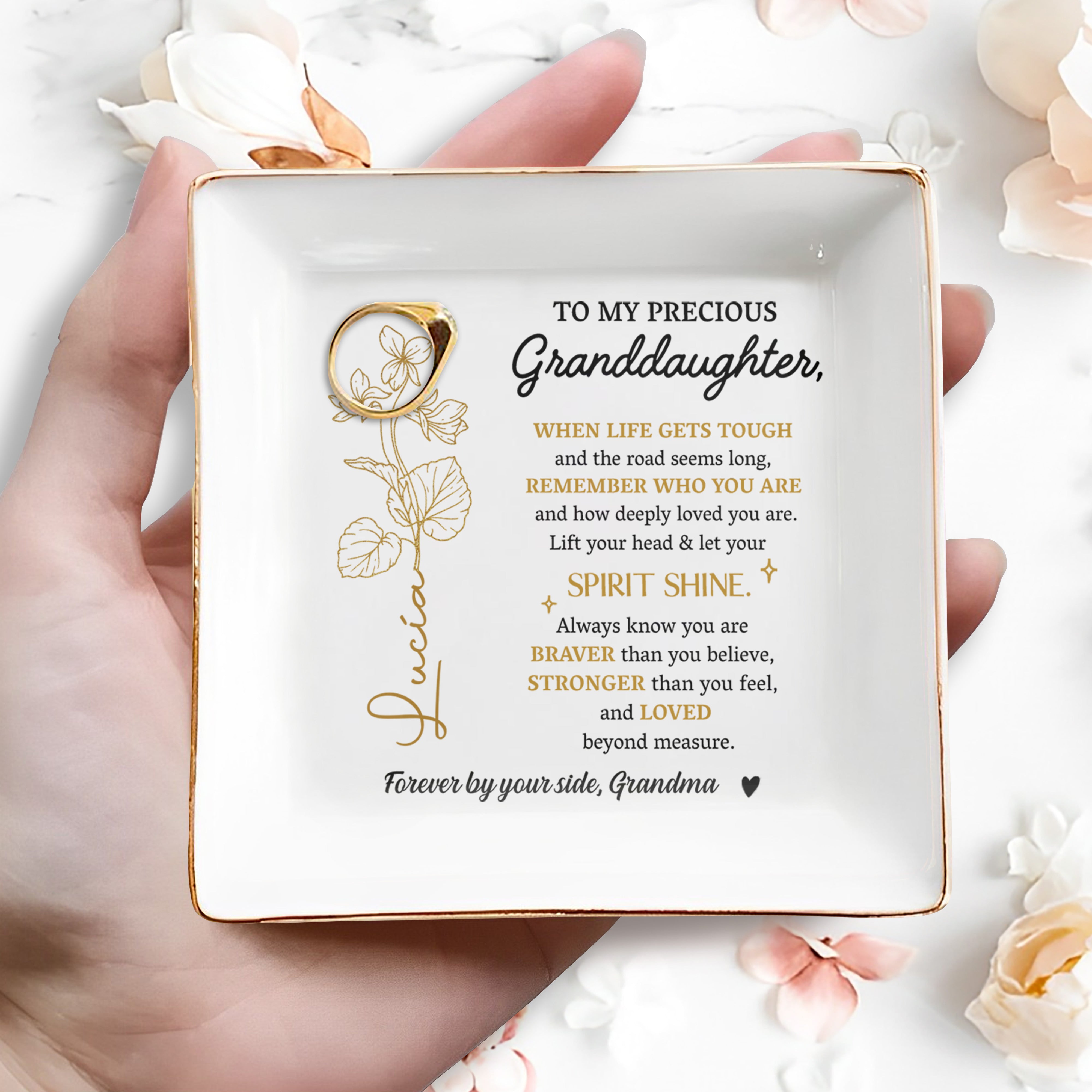 Granddaughter Spirit Shine Flowers - Personalized Custom Jewelry Dish, Square Ceramic Dish - GDT236_SCRD