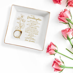 To My Granddaughter, Love And Flowers - Personalized Custom Jewelry Dish, Square Ceramic Dish - GDT240_SCRD