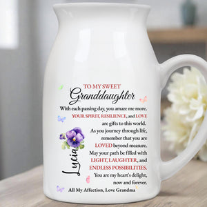To My Sweet Granddaughter, Butterflies And Pansy Flower - Personalized Ceramic Flower Vase