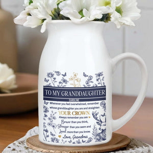 To My Granddaughter, Whenever You Feel Overwhelmed, Remember Whose Granddaughter You Are, Flowers And Deer - Personalized Ceramic Flower Vase