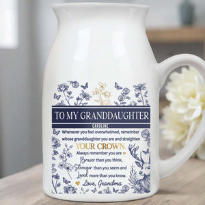 To My Granddaughter, Whenever You Feel Overwhelmed, Remember Whose Granddaughter You Are, Flowers And Deer - Personalized Ceramic Flower Vase
