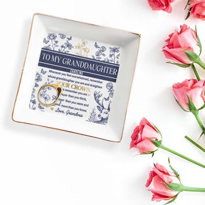 To My Granddaughter Caroline, Whenever You Feel Overwhelmed, Remember Whose Granddaughter You Are, Flowers and Deer - Personalized Custom Jewelry Dish, Square Ceramic Dish - GDT266_SCRD