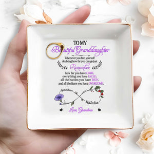 To My Beautiful Granddaughter, Remember How Far You Have Come, Flower and Hearts - Personalized Custom Jewelry Dish, Square Ceramic Dish - GDT303_SCRD