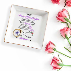 To My Beautiful Granddaughter, Remember How Far You Have Come, Flower and Hearts - Personalized Custom Jewelry Dish, Square Ceramic Dish - GDT303_SCRD