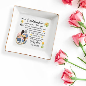 To My Granddaughters, Embrace & Sunflowers - Personalized Custom Jewelry Dish, Square Ceramic Dish - GDT306_SCRD