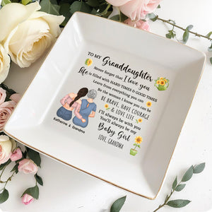 To My Granddaughters, Embrace & Sunflowers - Personalized Custom Jewelry Dish, Square Ceramic Dish - GDT306_SCRD