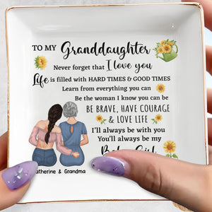 To My Granddaughters, Embrace & Sunflowers - Personalized Custom Jewelry Dish, Square Ceramic Dish - GDT306_SCRD