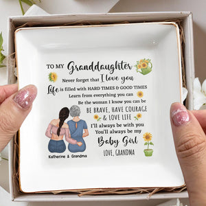 To My Granddaughters, Embrace & Sunflowers - Personalized Custom Jewelry Dish, Square Ceramic Dish - GDT306_SCRD