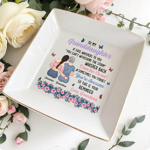 To My Granddaughter, You're Awesome Reminder, Butterflies And Flowers - Personalized Custom Jewelry Dish, Square Ceramic Dish - GDT322_SCRD