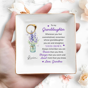 To My Granddaughter, Remember You Are Braver, Lavender And Butterflies - Personalized Custom Jewelry Dish, Square Ceramic Dish - GDT325_SCRD