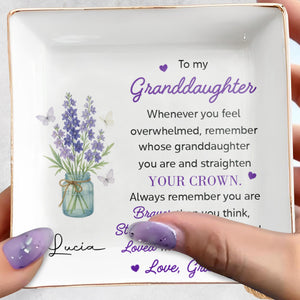 To My Granddaughter, Remember You Are Braver, Lavender And Butterflies - Personalized Custom Jewelry Dish, Square Ceramic Dish - GDT325_SCRD