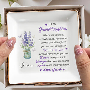 To My Granddaughter, Remember You Are Braver, Lavender And Butterflies - Personalized Custom Jewelry Dish, Square Ceramic Dish - GDT325_SCRD