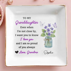 To My Granddaughter, Love And Pride Message, Butterflies And Violets - Personalized Custom Jewelry Dish, Square Ceramic Dish - GDT327_SCRD