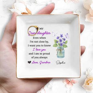 To My Granddaughter, Love And Pride Message, Butterflies And Violets - Personalized Custom Jewelry Dish, Square Ceramic Dish - GDT327_SCRD