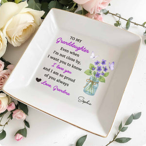 To My Granddaughter, Love And Pride Message, Butterflies And Violets - Personalized Custom Jewelry Dish, Square Ceramic Dish - GDT327_SCRD
