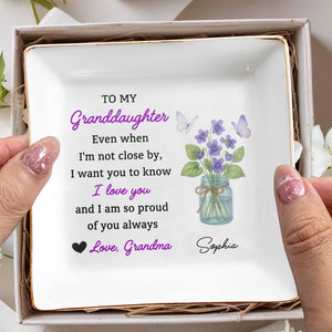 To My Granddaughter, Love And Pride Message, Butterflies And Violets - Personalized Custom Jewelry Dish, Square Ceramic Dish - GDT327_SCRD