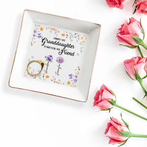 First My Granddaughter Forever My Friend, Flowers - Personalized Custom Jewelry Dish, Square Ceramic Dish - GDT349_SCRD