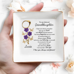 To My Beloved Granddaughter, Flowers And Butterflies - Personalized Custom Jewelry Dish, Square Ceramic Dish - GDT357_SCRD