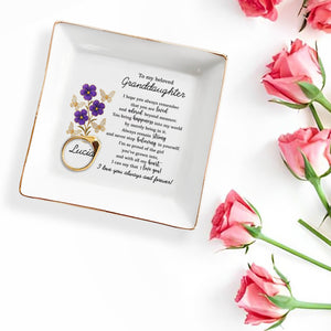 To My Beloved Granddaughter, Flowers And Butterflies - Personalized Custom Jewelry Dish, Square Ceramic Dish - GDT357_SCRD