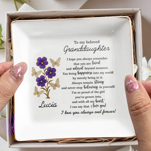 To My Beloved Granddaughter, Flowers And Butterflies - Personalized Custom Jewelry Dish, Square Ceramic Dish - GDT357_SCRD