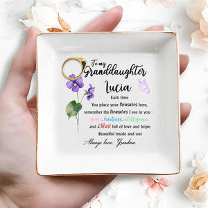 To My Granddaughter, Grace And Kindness, Flowers And Butterfly - Personalized Custom Jewelry Dish, Square Ceramic Dish - GDT363_SCRD