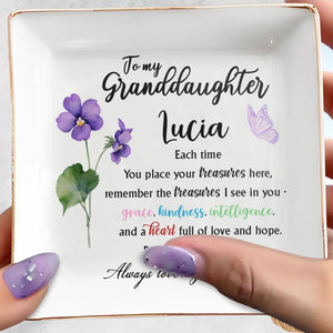 To My Granddaughter, Grace And Kindness, Flowers And Butterfly - Personalized Custom Jewelry Dish, Square Ceramic Dish - GDT363_SCRD