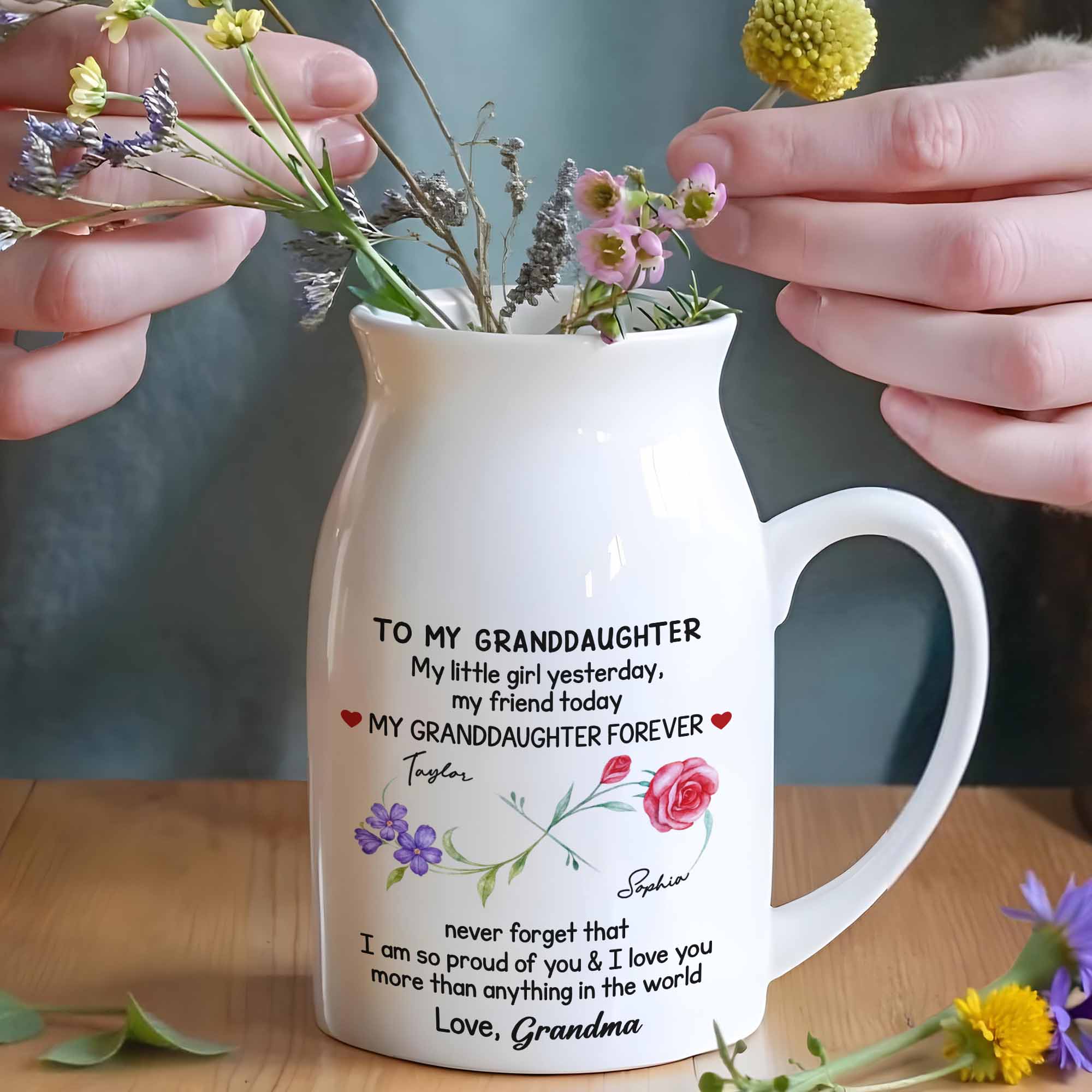 To My Granddaughter, My Little Girl Yesterday, Flowers And Heart Design - Personalized Ceramic Flower Vase