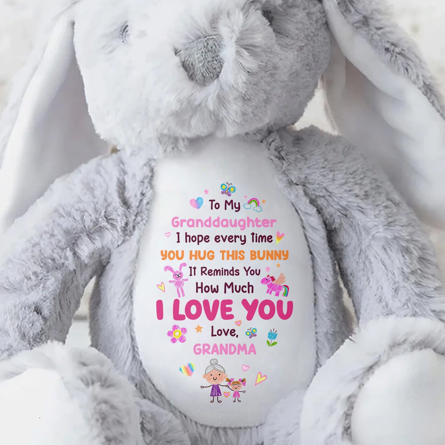 To My Granddaughter, I Love You Bunny With Heart And Flowers - Personalized Stuffed Bunny - GDT592_BUN