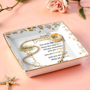 To My Granddaughter You Stole My Heart Lotus Flower Jewelry Dish - Personalized Custom Jewelry Dish, Ceramic Dish, Square Shape - GDT639_SCRF