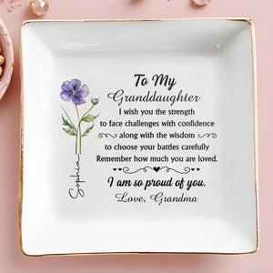 To My Granddaughter I Wish You Strength Purple Flower Design - Personalized Custom Jewelry Dish, Square Ceramic Dish - GDT661_SCRD