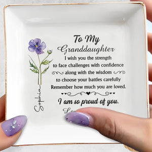 To My Granddaughter I Wish You Strength Purple Flower Design - Personalized Custom Jewelry Dish, Square Ceramic Dish - GDT661_SCRD