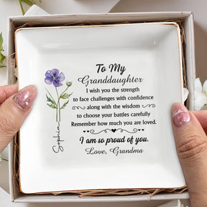To My Granddaughter I Wish You Strength Purple Flower Design - Personalized Custom Jewelry Dish, Square Ceramic Dish - GDT661_SCRD