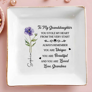 To My Granddaughter You Stole My Heart Birth Month Flower - Personalized Custom Jewelry Dish, Square Ceramic Dish - GDT663_SCRD