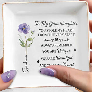 To My Granddaughter You Stole My Heart Birth Month Flower - Personalized Custom Jewelry Dish, Square Ceramic Dish - GDT663_SCRD