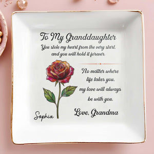 To My Granddaughter You Stole My Heart Rose Flower - Personalized Custom Jewelry Dish, Square Ceramic Dish - GDT671_SCRD