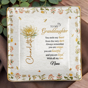 To My Granddaughter You Stole My Heart Birth Month Flower - Personalized Custom Jewelry Dish, Ceramic Dish, Square Shape - GDT687_SCRF