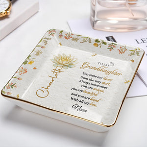 To My Granddaughter You Stole My Heart Birth Month Flower - Personalized Custom Jewelry Dish, Ceramic Dish, Square Shape - GDT687_SCRF