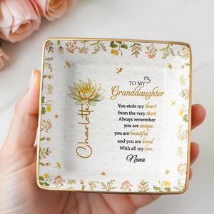 To My Granddaughter You Stole My Heart Birth Month Flower - Personalized Custom Jewelry Dish, Ceramic Dish, Square Shape - GDT687_SCRF