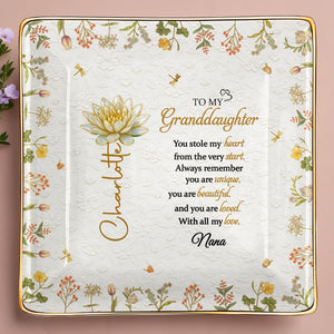 To My Granddaughter You Stole My Heart Birth Month Flower - Personalized Custom Jewelry Dish, Ceramic Dish, Square Shape - GDT687_SCRF
