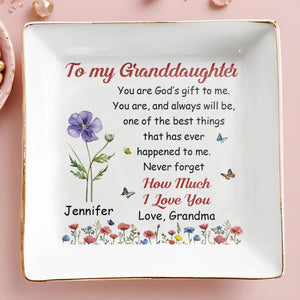 To My Granddaughter How Much I Love You Floral Butterfly - Personalized Custom Jewelry Dish, Square Ceramic Dish - GDT707_SCRD