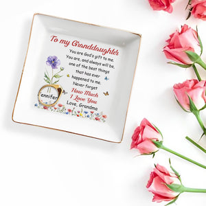 To My Granddaughter How Much I Love You Floral Butterfly - Personalized Custom Jewelry Dish, Square Ceramic Dish - GDT707_SCRD