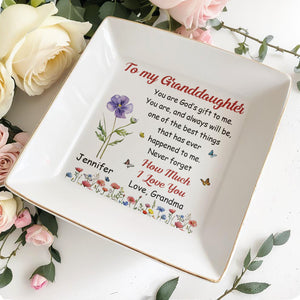 To My Granddaughter How Much I Love You Floral Butterfly - Personalized Custom Jewelry Dish, Square Ceramic Dish - GDT707_SCRD