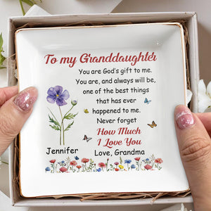 To My Granddaughter How Much I Love You Floral Butterfly - Personalized Custom Jewelry Dish, Square Ceramic Dish - GDT707_SCRD