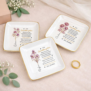 To My Granddaughter Straighten Your Crown Birth Month Flower Jewelry Holder - Personalized Custom Jewelry Dish, Square Ceramic Dish - GDT721_SCRD