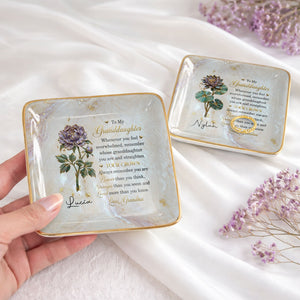 To My Granddaughter Straighten Your Crown Birth Month Flower Marble Jewelry Dish - Personalized Custom Jewelry Dish, Ceramic Dish, Square Shape - GDT733_SCRF