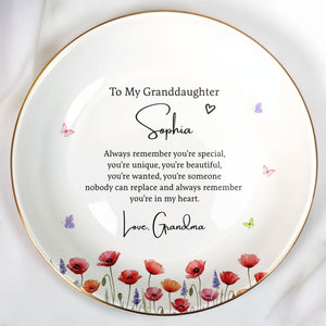 To My Granddaughter Always Remember You Are Special With Birth Month Flowers - Personalized Custom Jewelry Dish, Ceramic Dish, Round Shape - GDT735_RCRF